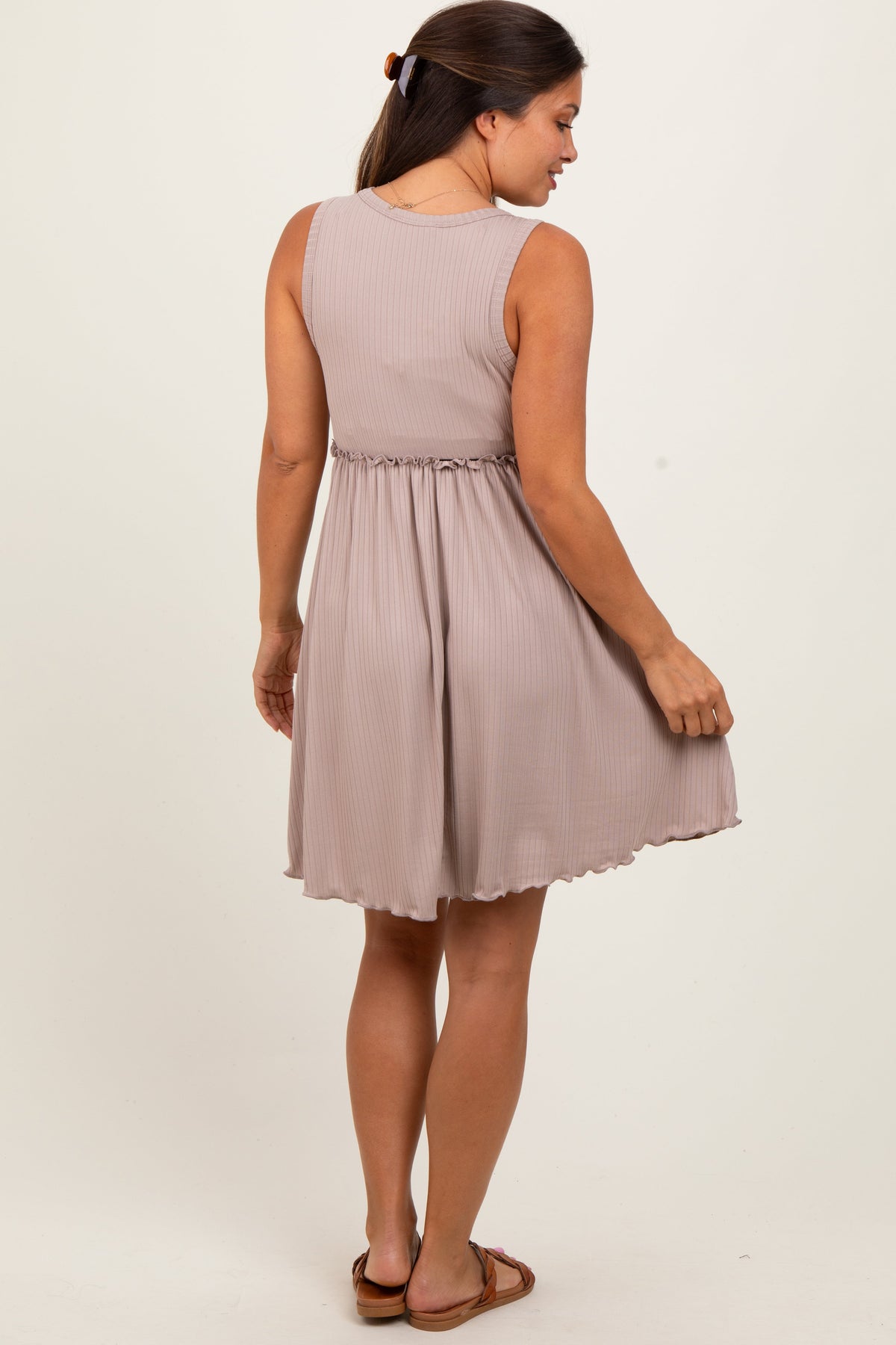 PinkBlush Taupe Ribbed Sleeveless Lettuce Trim Maternity Mini Dress Everetts Place