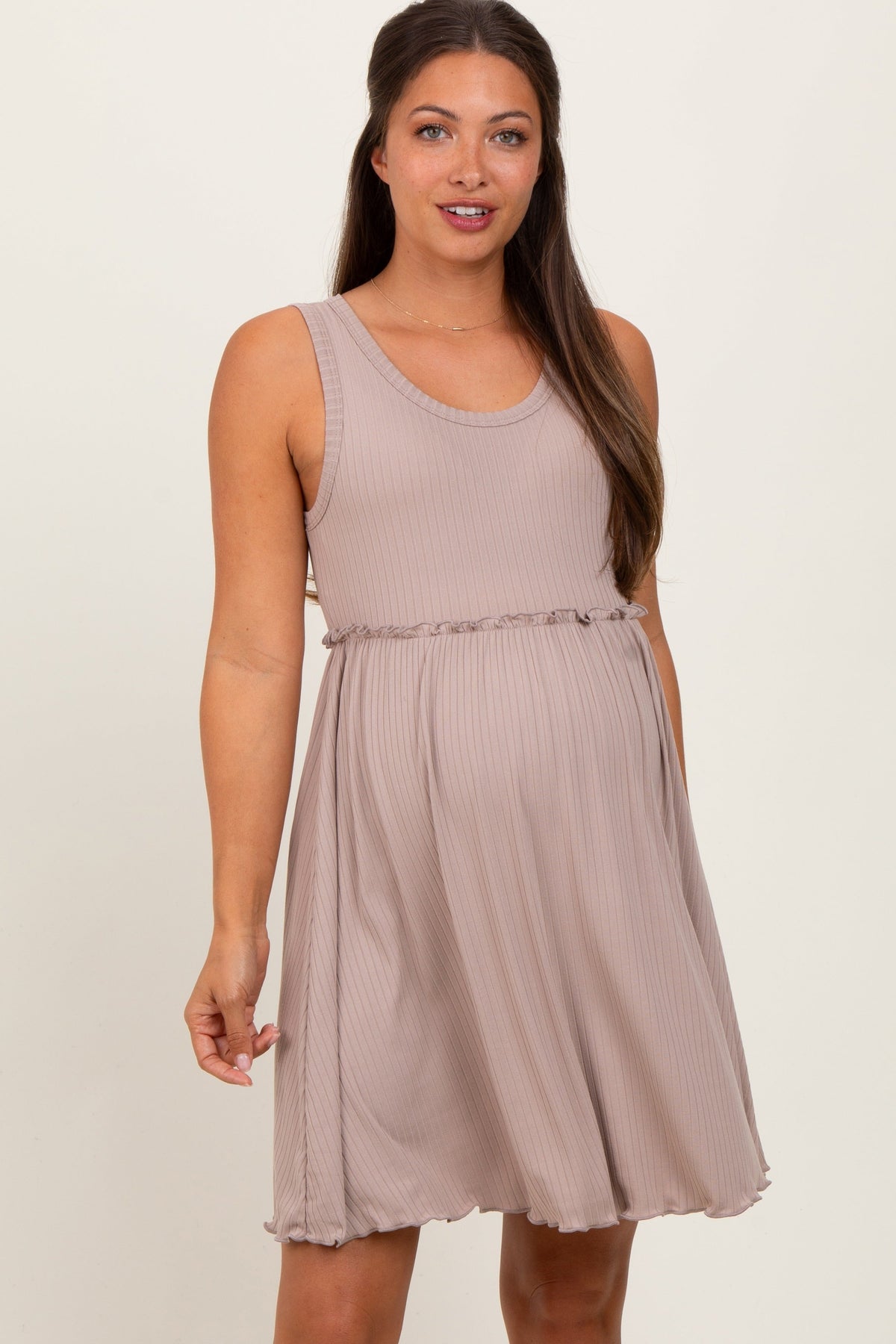 PinkBlush Taupe Ribbed Sleeveless Lettuce Trim Maternity Mini Dress Everetts Place