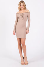 PinkBlush Taupe Ruffle Off Shoulder Fitted Mini Dress - 
