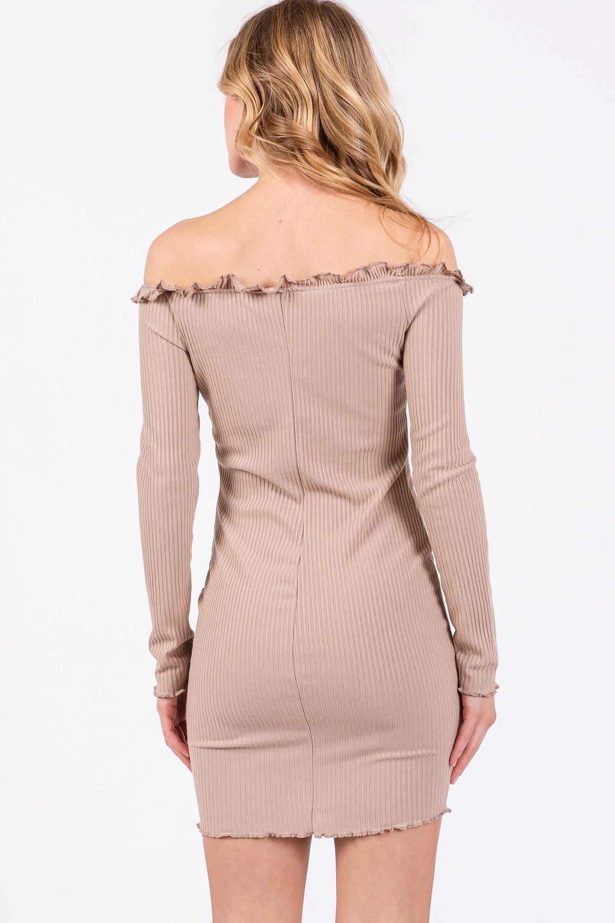 PinkBlush Taupe Ruffle Off Shoulder Fitted Mini Dress - 