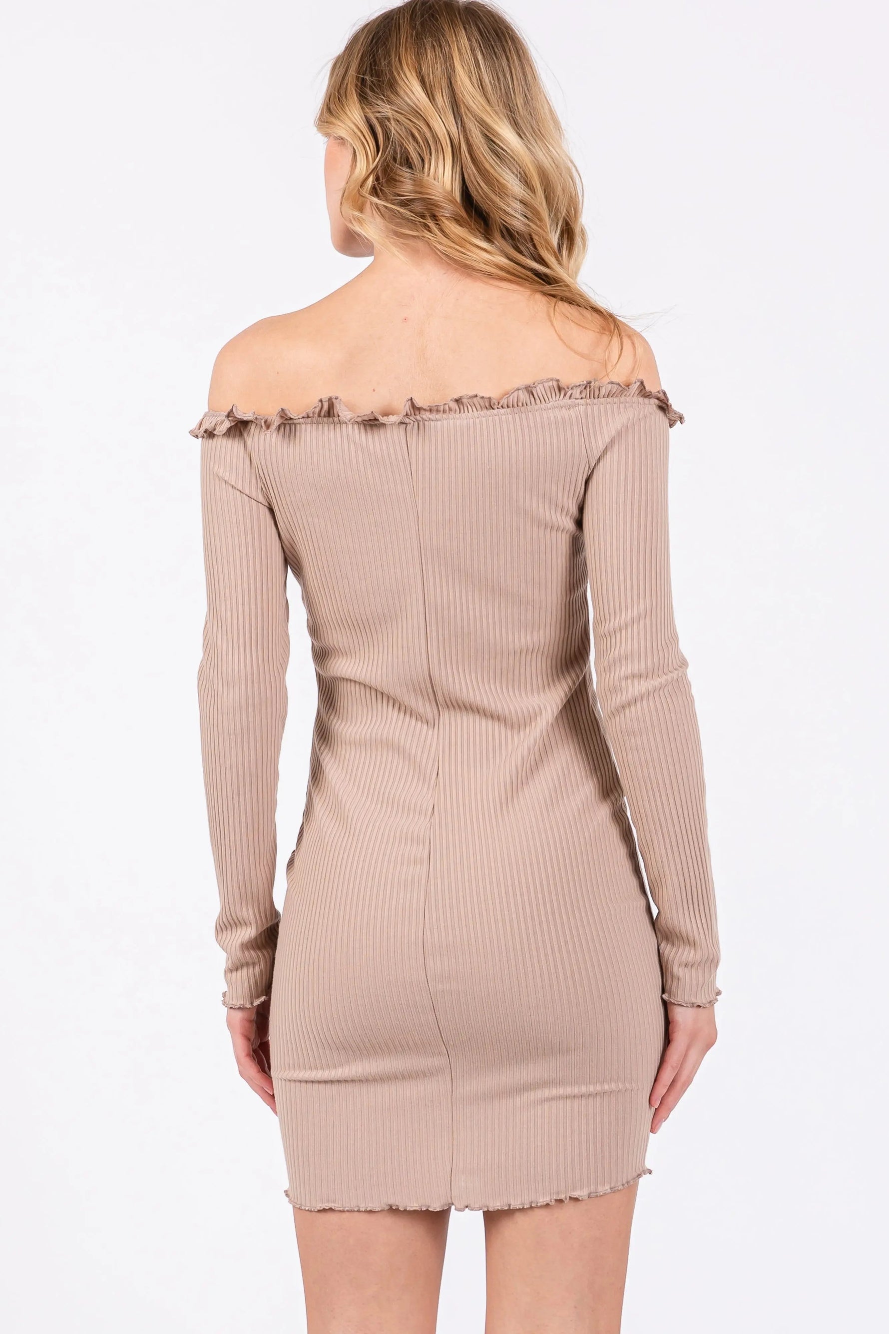 PinkBlush Taupe Ruffle Off Shoulder Fitted Mini Dress - 