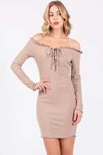PinkBlush Taupe Ruffle Off Shoulder Fitted Mini Dress - 
