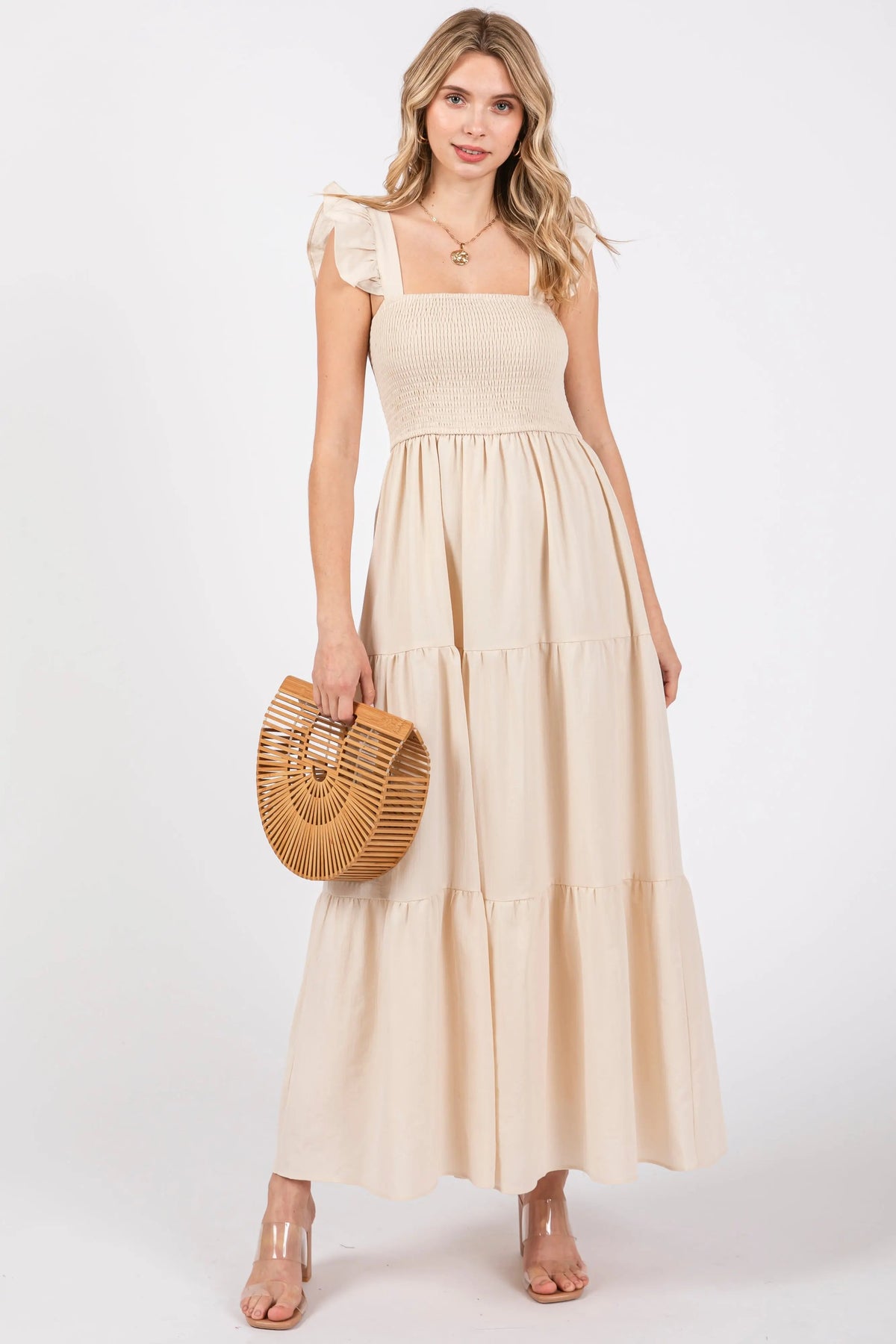 PinkBlush Taupe Sleeveless Smocked Tiered Maternity Maxi Dress - 