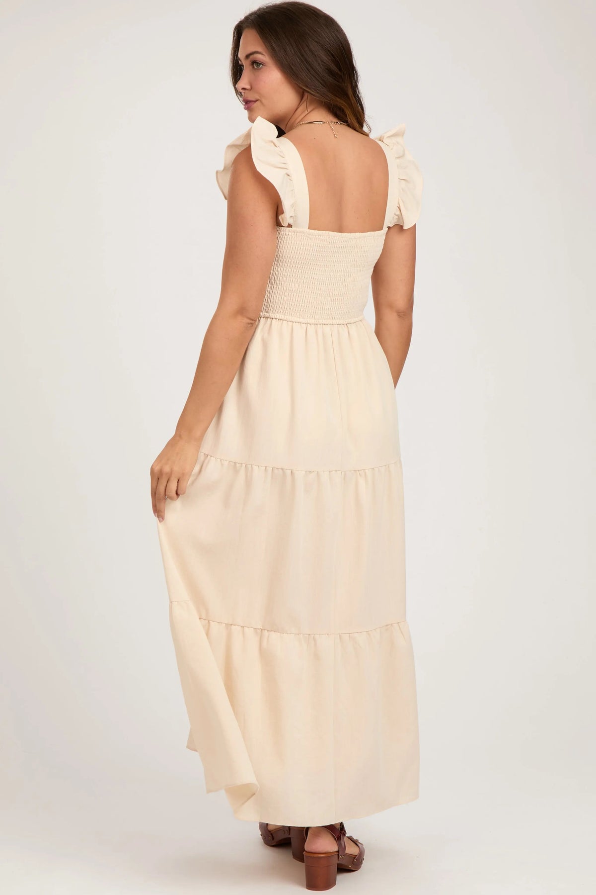 PinkBlush Taupe Sleeveless Smocked Tiered Maternity Maxi Dress - 