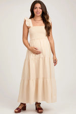 PinkBlush Taupe Sleeveless Smocked Tiered Maternity Maxi Dress - 