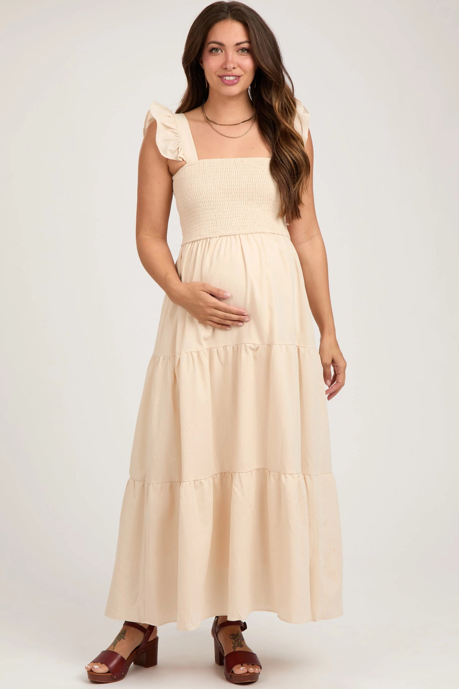 Taupe Sleeveless Smocked Tiered Maternity Maxi Dress - Dress, Day Dress, Waist, One-piece garment, Gown | Everetts Place