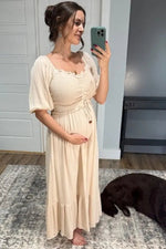 PinkBlush Taupe Smocked Cinched Front Maternity Maxi Dress - 