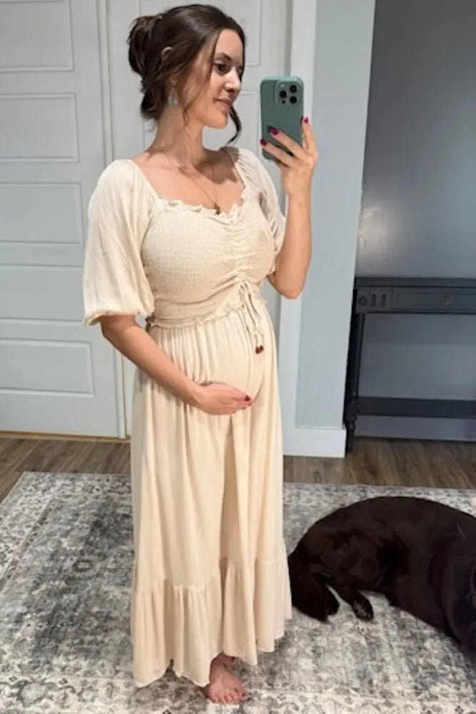 PinkBlush Taupe Smocked Cinched Front Maternity Maxi Dress - 