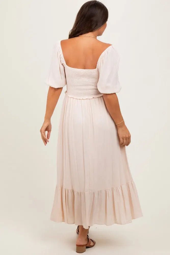 PinkBlush Taupe Smocked Cinched Front Maternity Maxi Dress - 