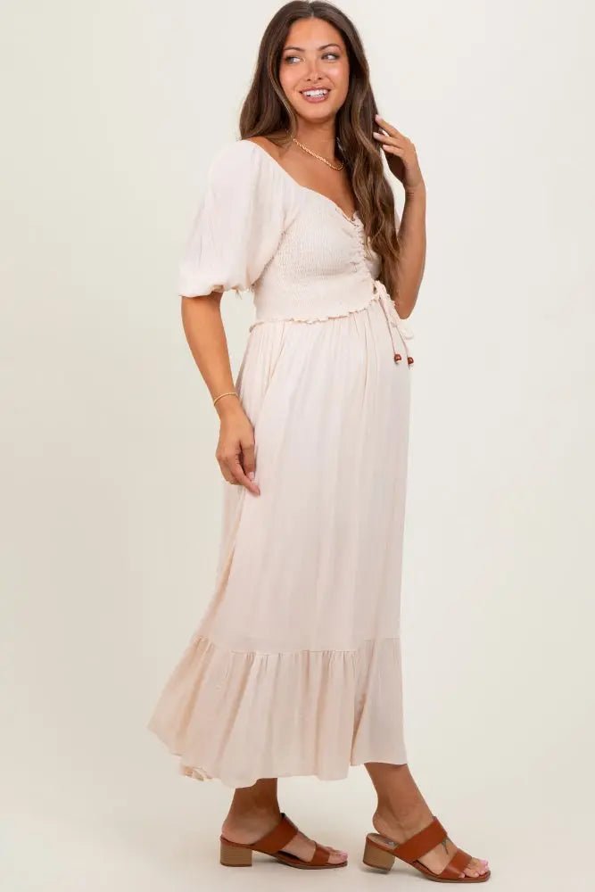 PinkBlush Taupe Smocked Cinched Front Maternity Maxi Dress - 
