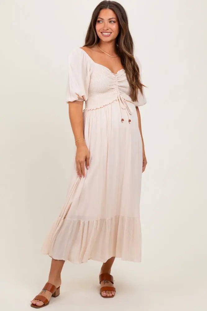 Taupe Smocked Cinched Front Maternity Maxi Dress - Pink, Day Dress, One-piece garment, Ruffle, Foot | Everetts Place