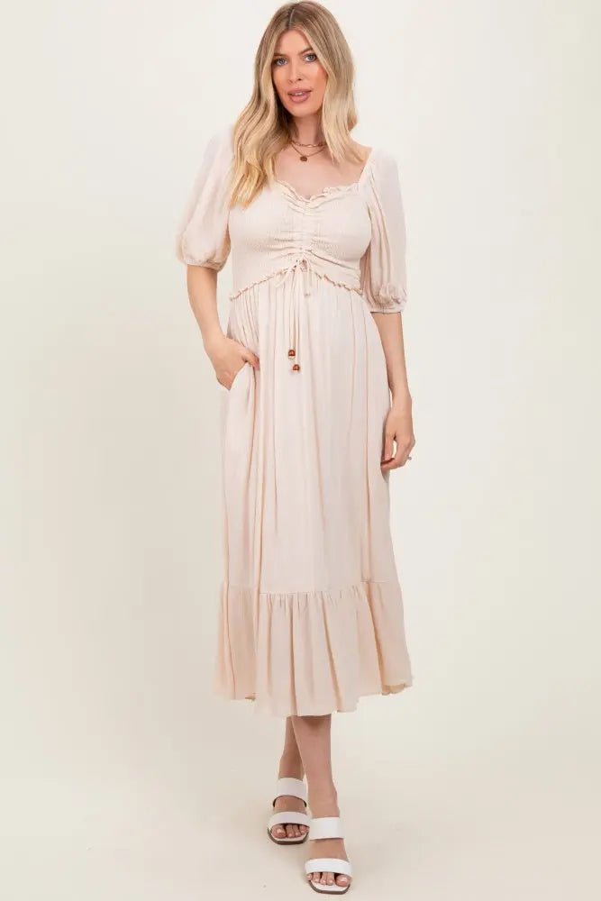 PinkBlush Taupe Smocked Cinched Front Maxi Dress - 