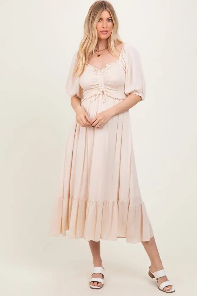 Taupe Smocked Cinched Front Maxi Dress - Sleeve, Fashion, Day Dress, One-piece garment, Dress | Everetts Place