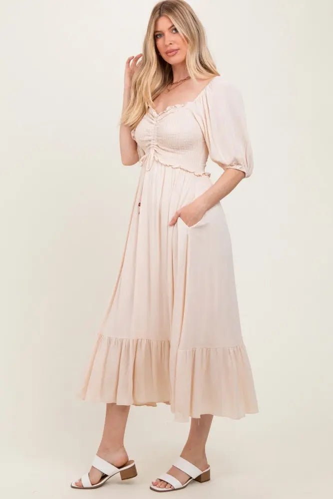 PinkBlush Taupe Smocked Cinched Front Maxi Dress - 