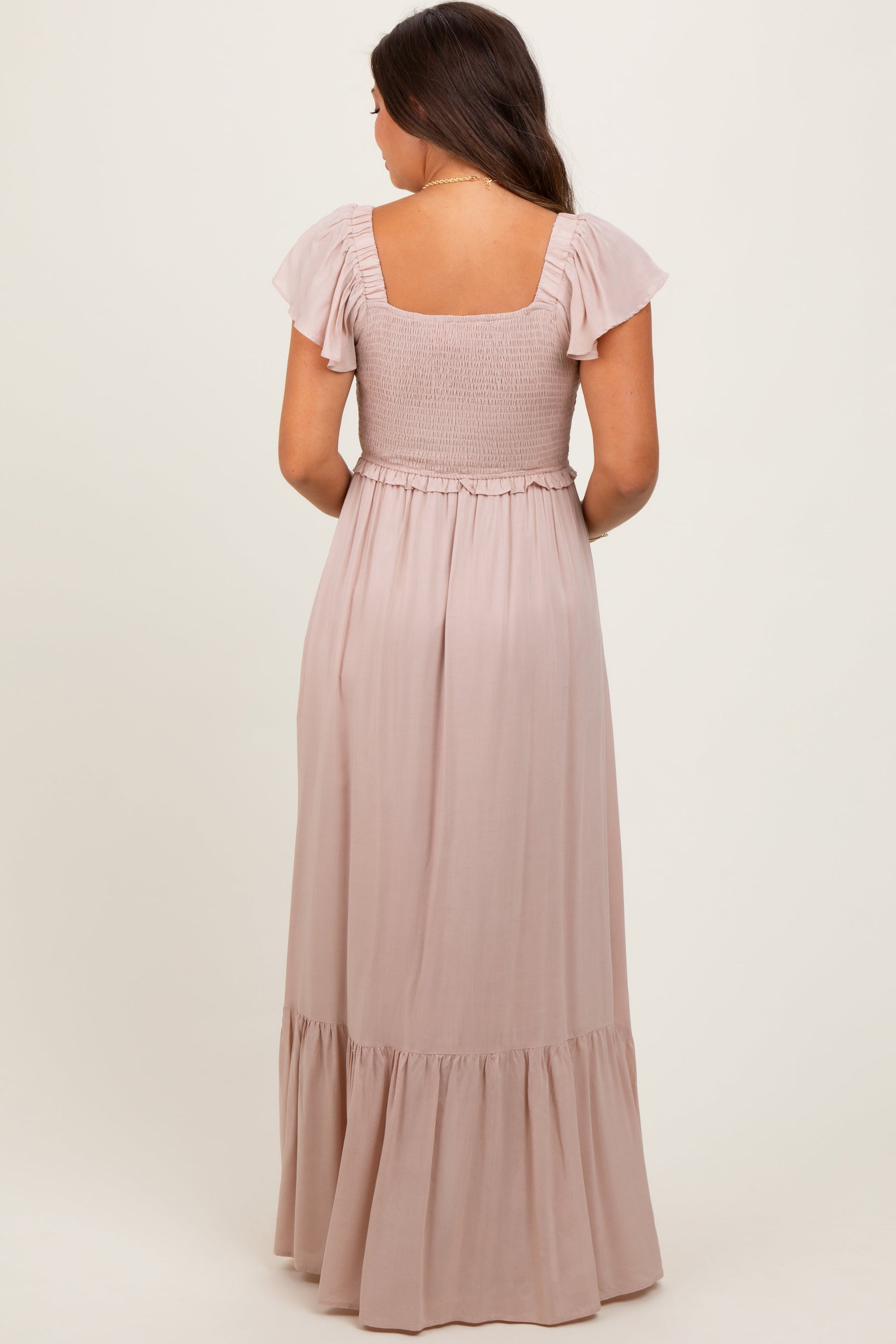 PinkBlush Taupe Smocked Top Woven Maternity Maxi Dress