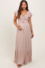 PinkBlush Taupe Smocked Top Woven Maternity Maxi Dress
