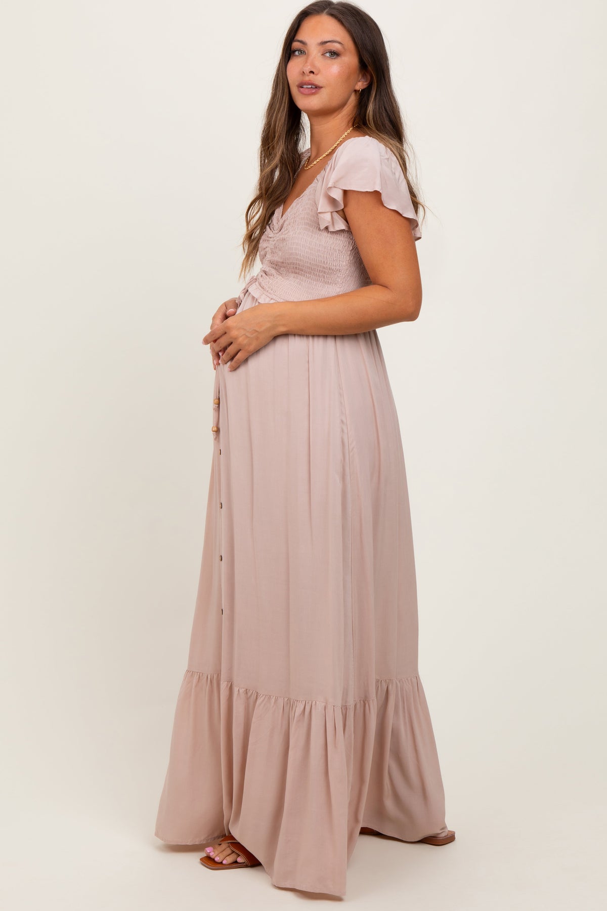 PinkBlush Taupe Smocked Top Woven Maternity Maxi Dress