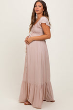 PinkBlush Taupe Smocked Top Woven Maternity Maxi Dress