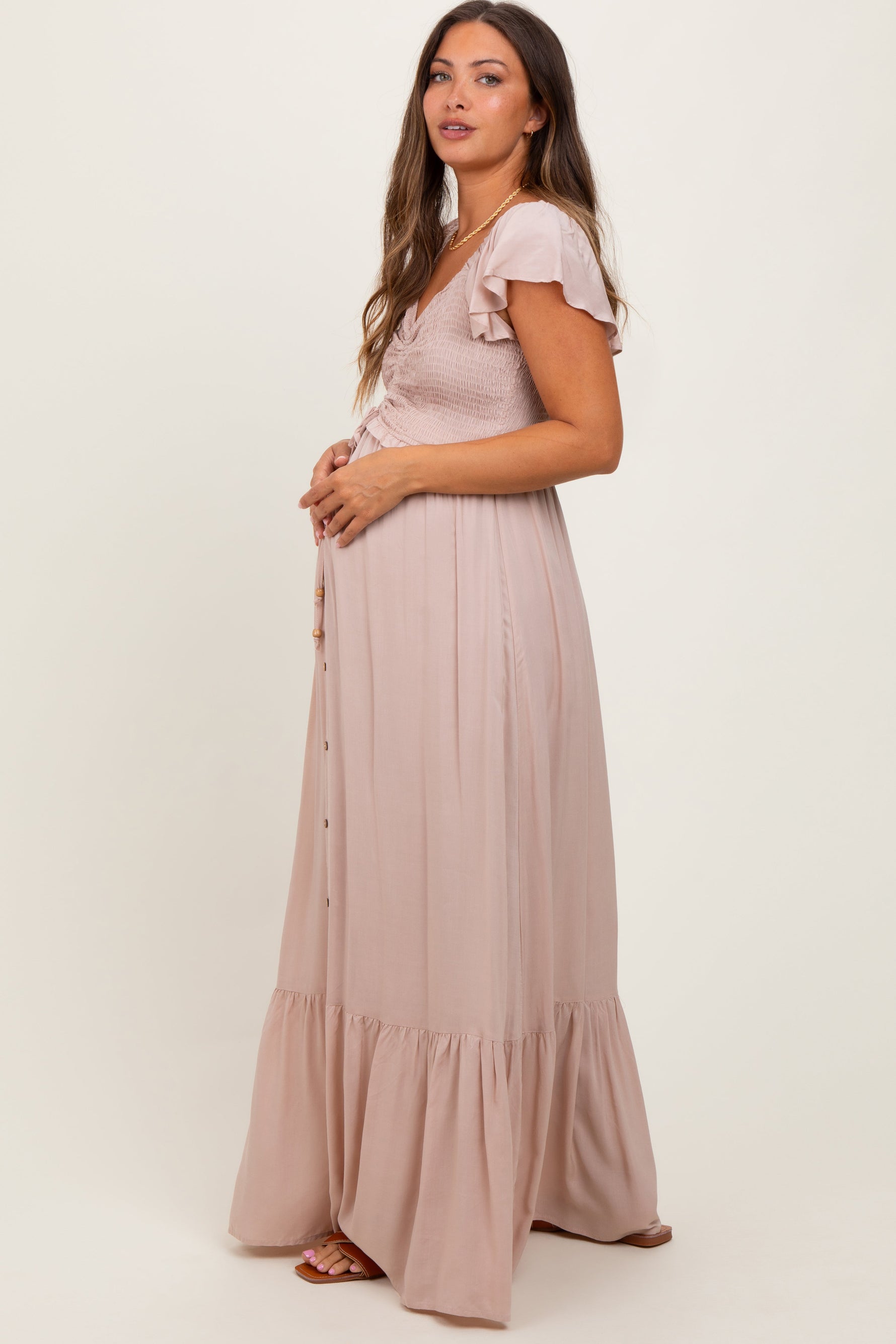 PinkBlush Taupe Smocked Top Woven Maternity Maxi Dress