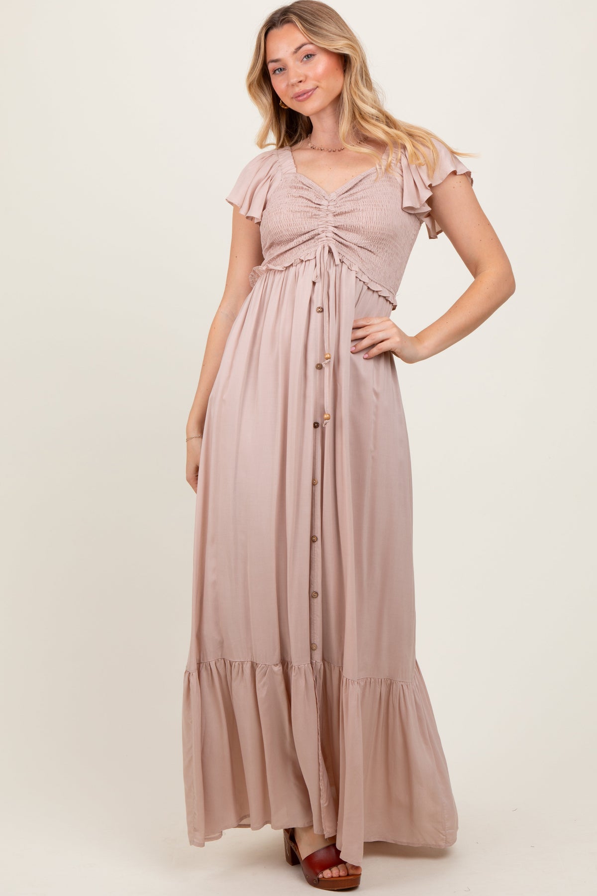 PinkBlush Taupe Smocked Top Woven Maxi Dress