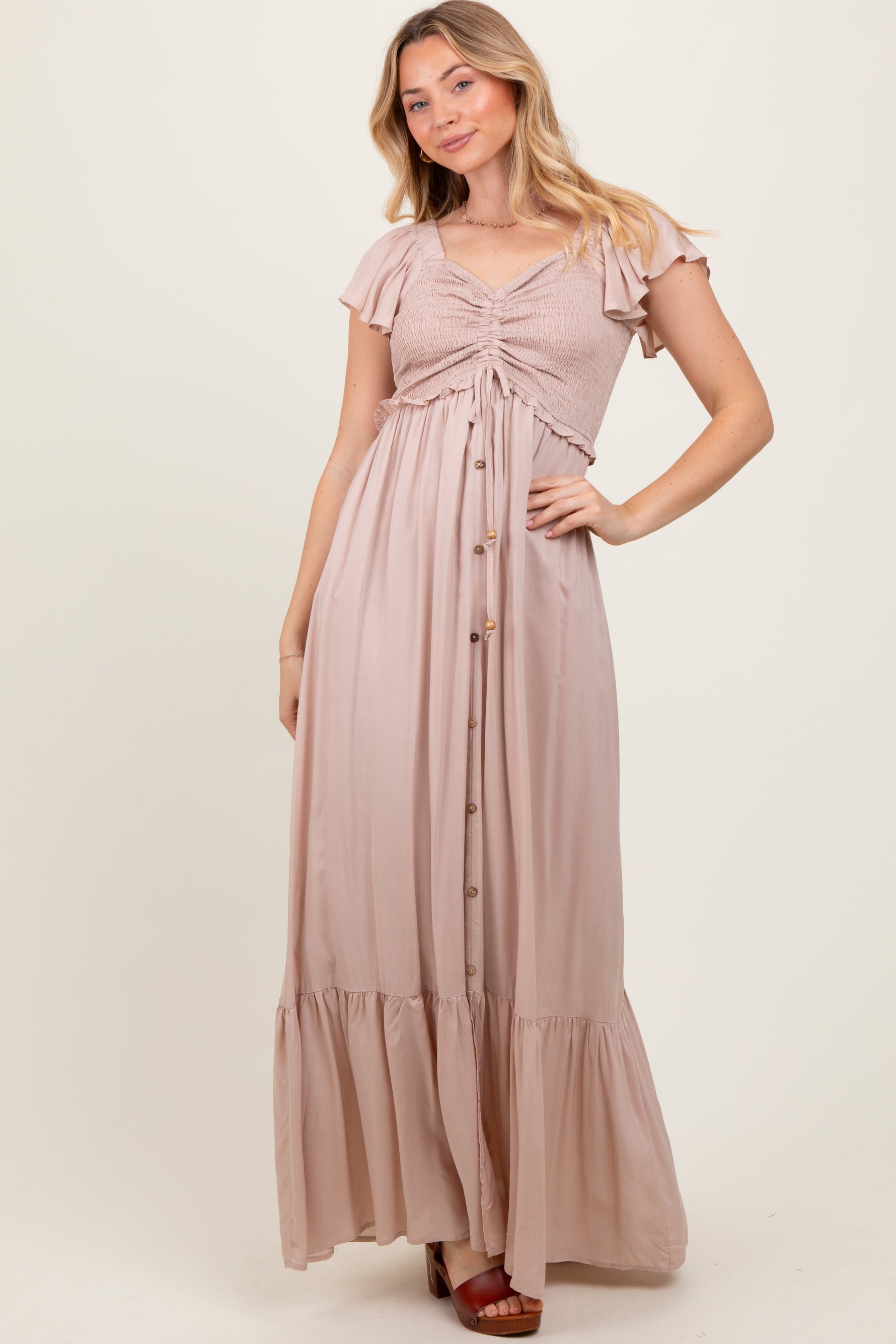 PinkBlush Taupe Smocked Top Woven Maxi Dress