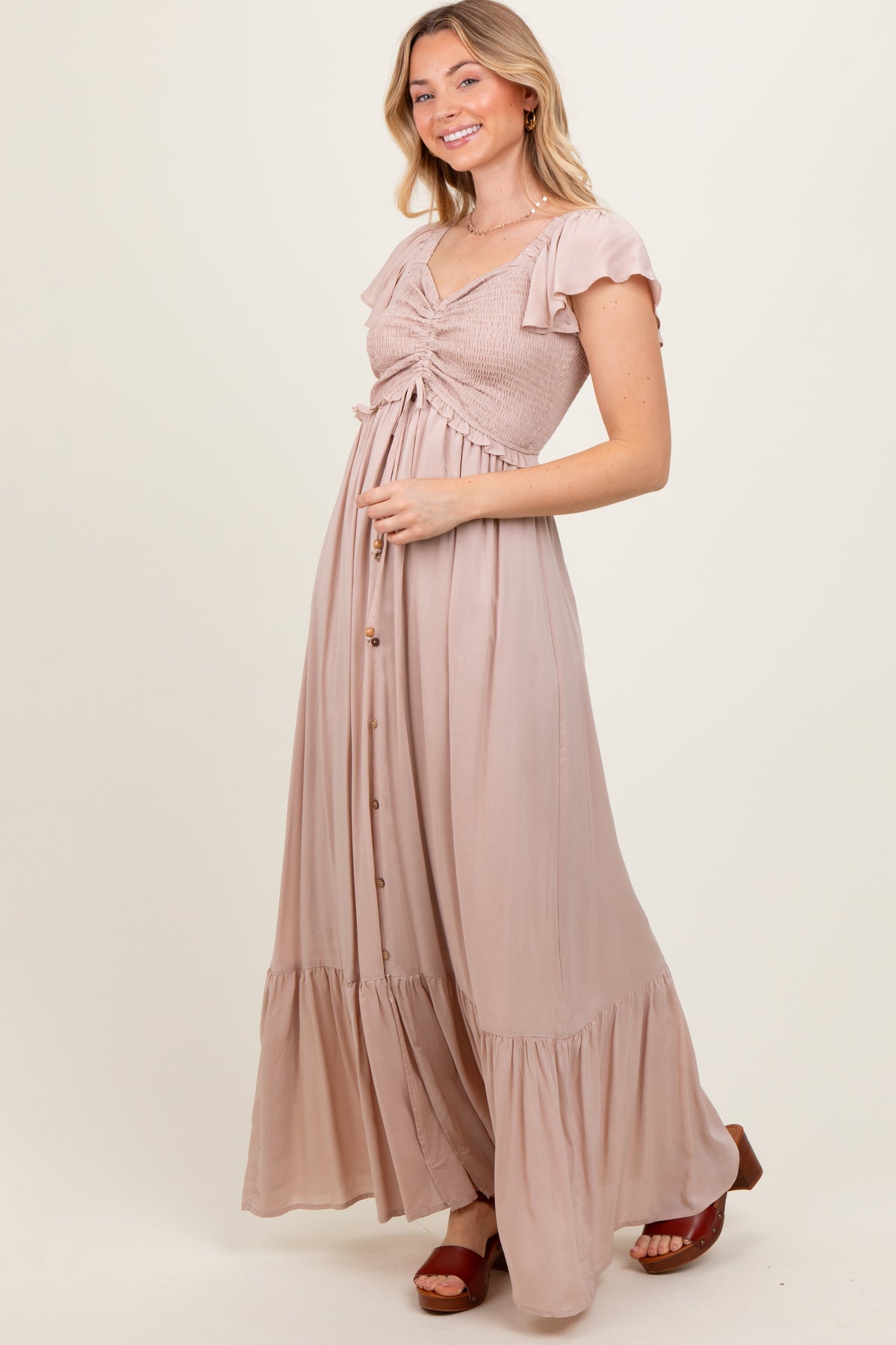 PinkBlush Taupe Smocked Top Woven Maxi Dress