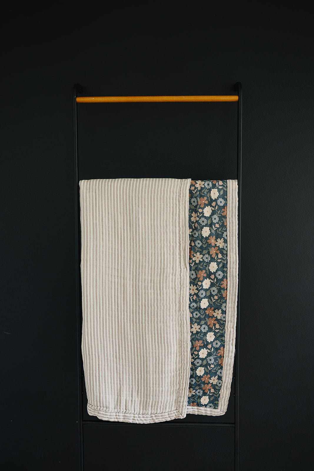 Mebie Baby Taupe Stripe + Midnight Floral Muslin Quilt - 