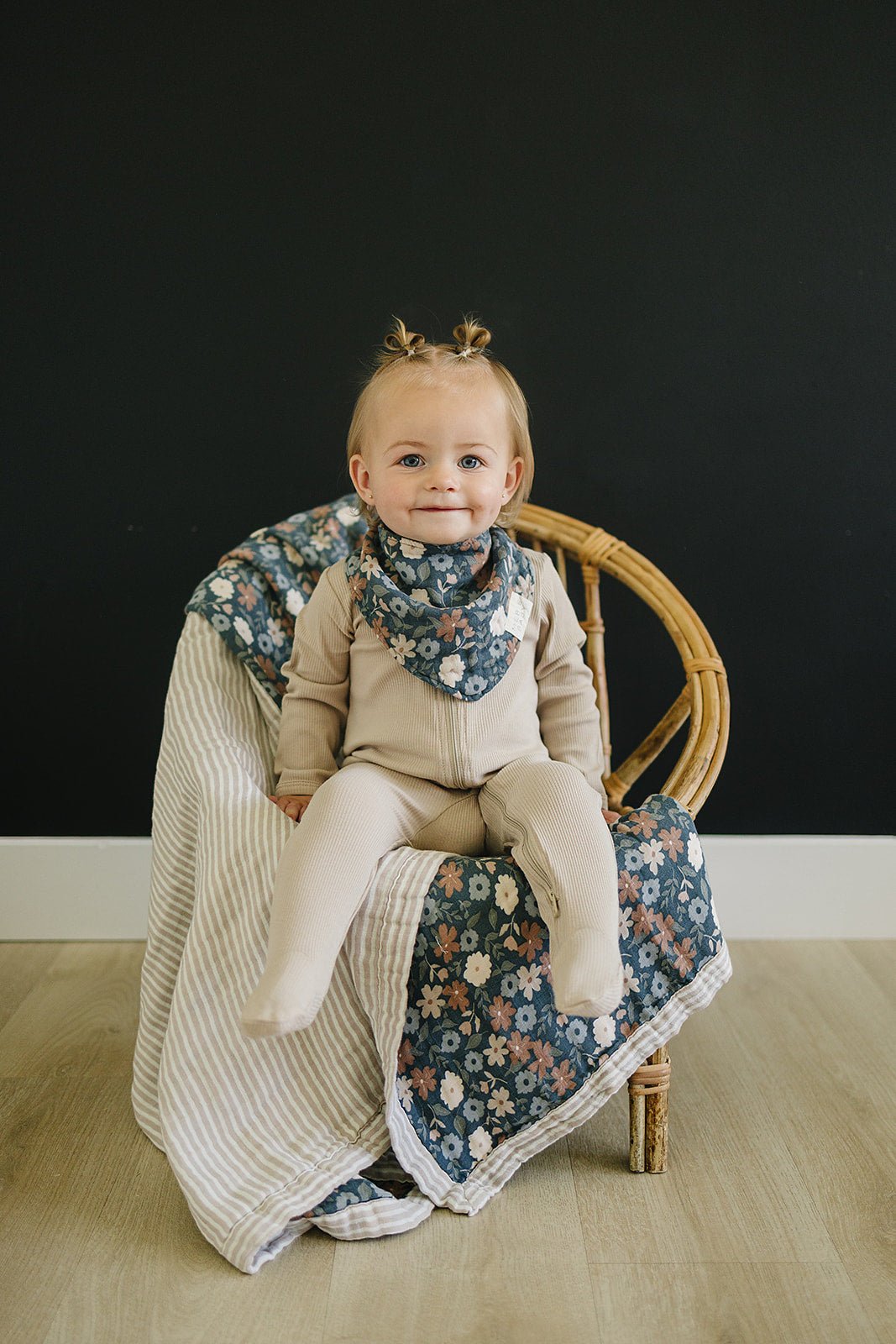Mebie Baby Taupe Stripe + Midnight Floral Muslin Quilt - 