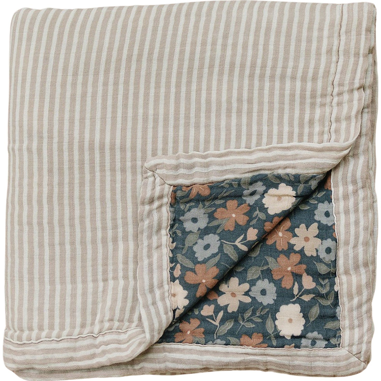 Mebie Baby Taupe Stripe + Midnight Floral Muslin Quilt - 