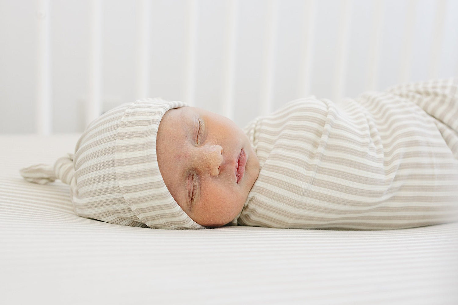 Mebie Baby Taupe Stripe Ribbed Bamboo Newborn Knot Hat - 
