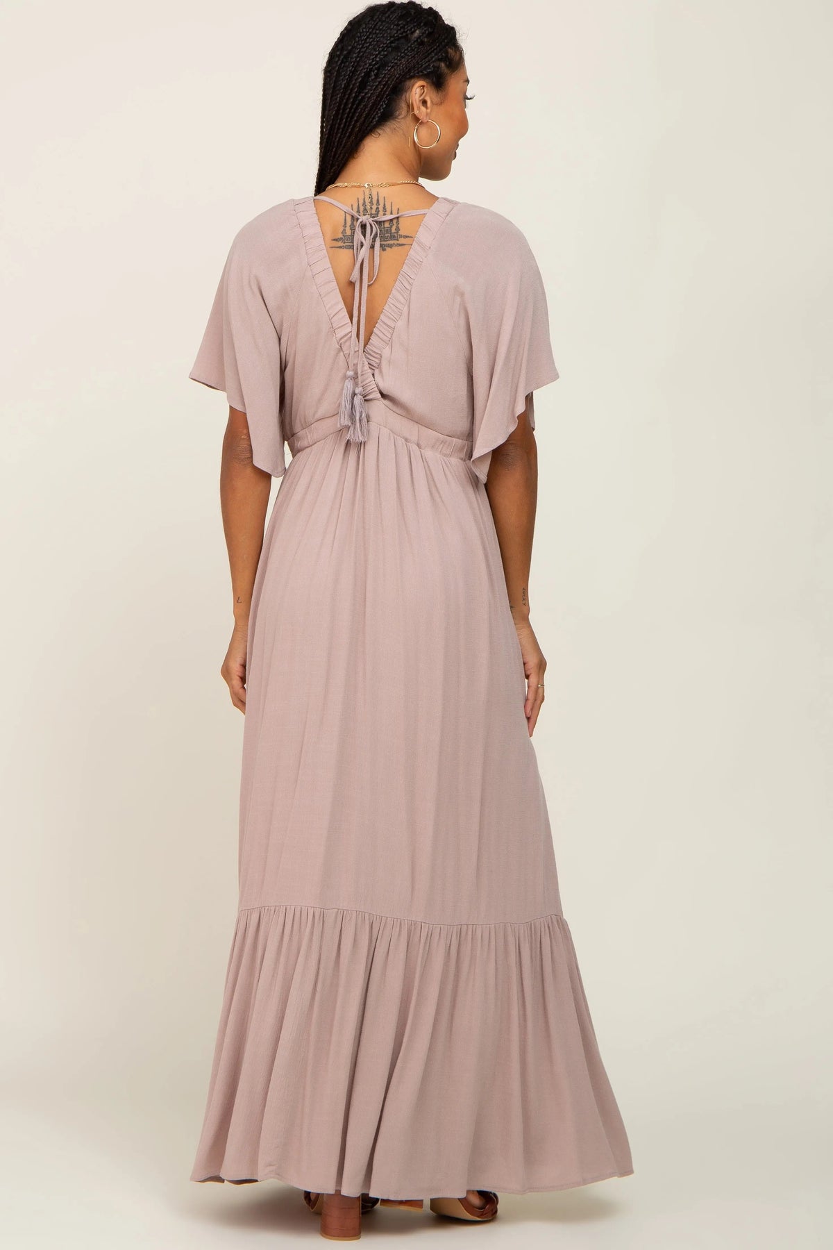 PinkBlush Taupe V - Neck Flounce Sleeve Maxi Dress - 