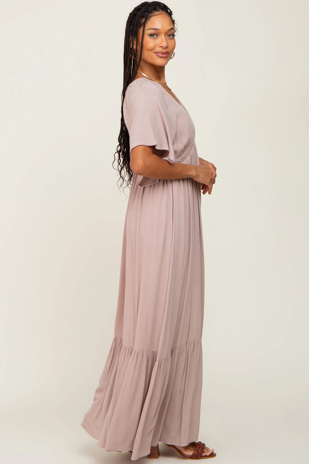 PinkBlush Taupe V - Neck Flounce Sleeve Maxi Dress - 
