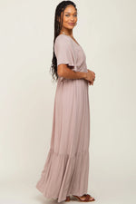 PinkBlush Taupe V - Neck Flounce Sleeve Maxi Dress - 