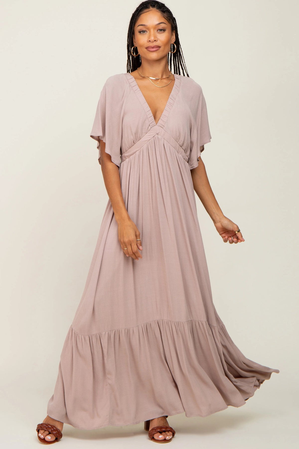 PinkBlush Taupe V - Neck Flounce Sleeve Maxi Dress - 
