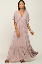 PinkBlush Taupe V - Neck Flounce Sleeve Maxi Dress - 