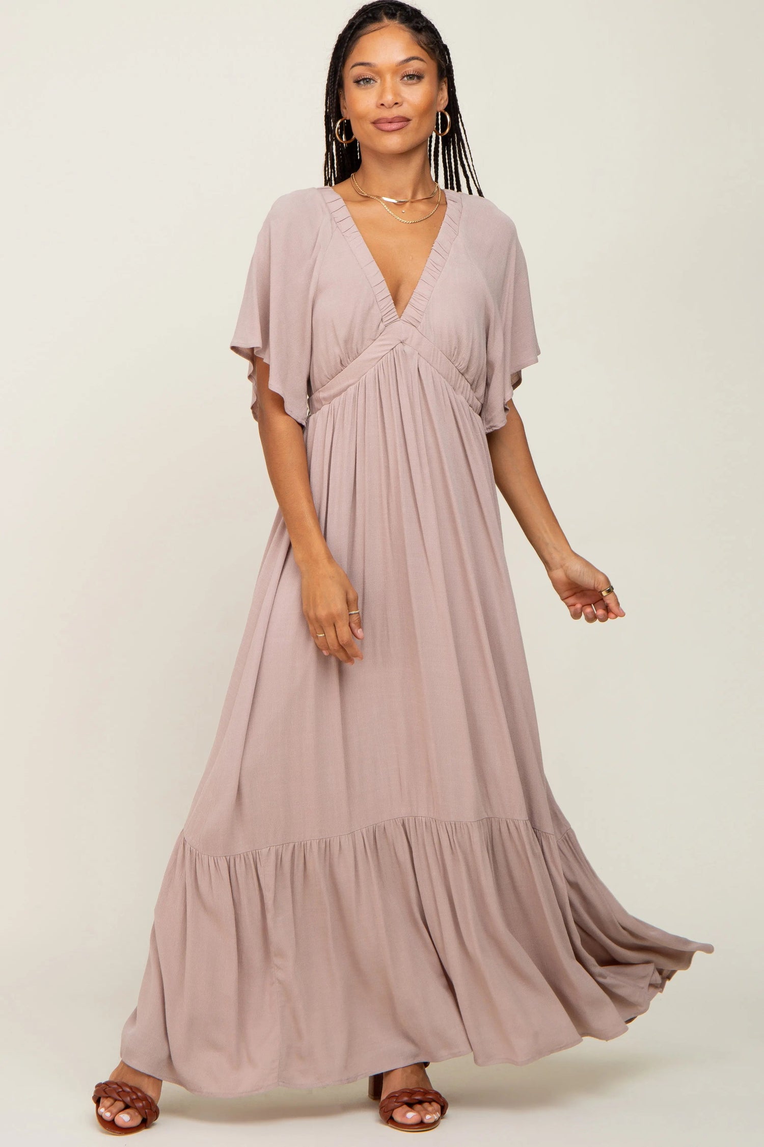 PinkBlush Taupe V - Neck Flounce Sleeve Maxi Dress - 