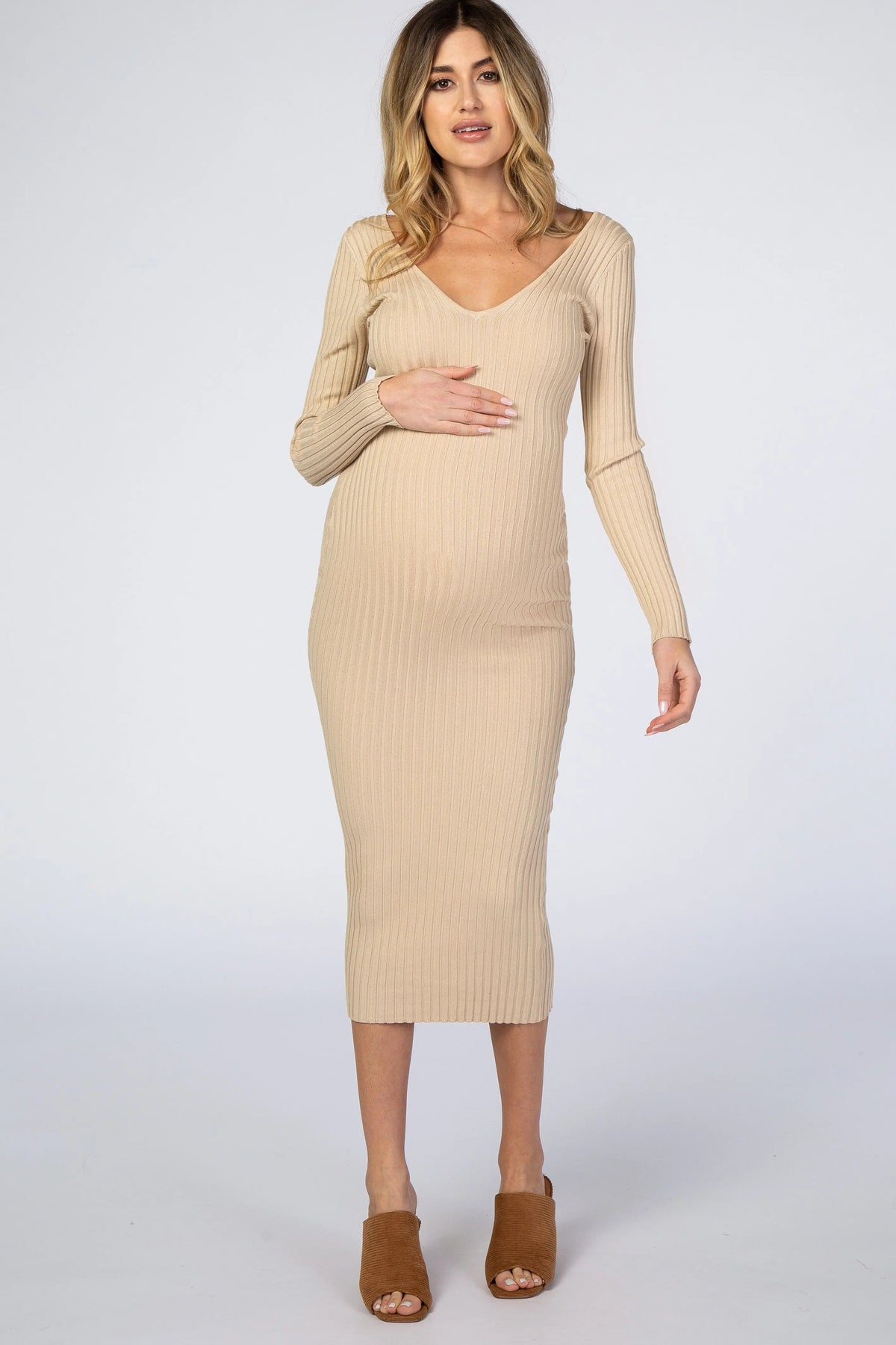 PinkBlush Taupe V - Neck Long Sleeve Fitted Maternity Maxi Dress - 
