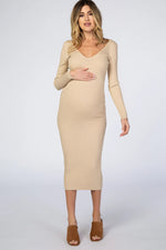 PinkBlush Taupe V - Neck Long Sleeve Fitted Maternity Maxi Dress - 