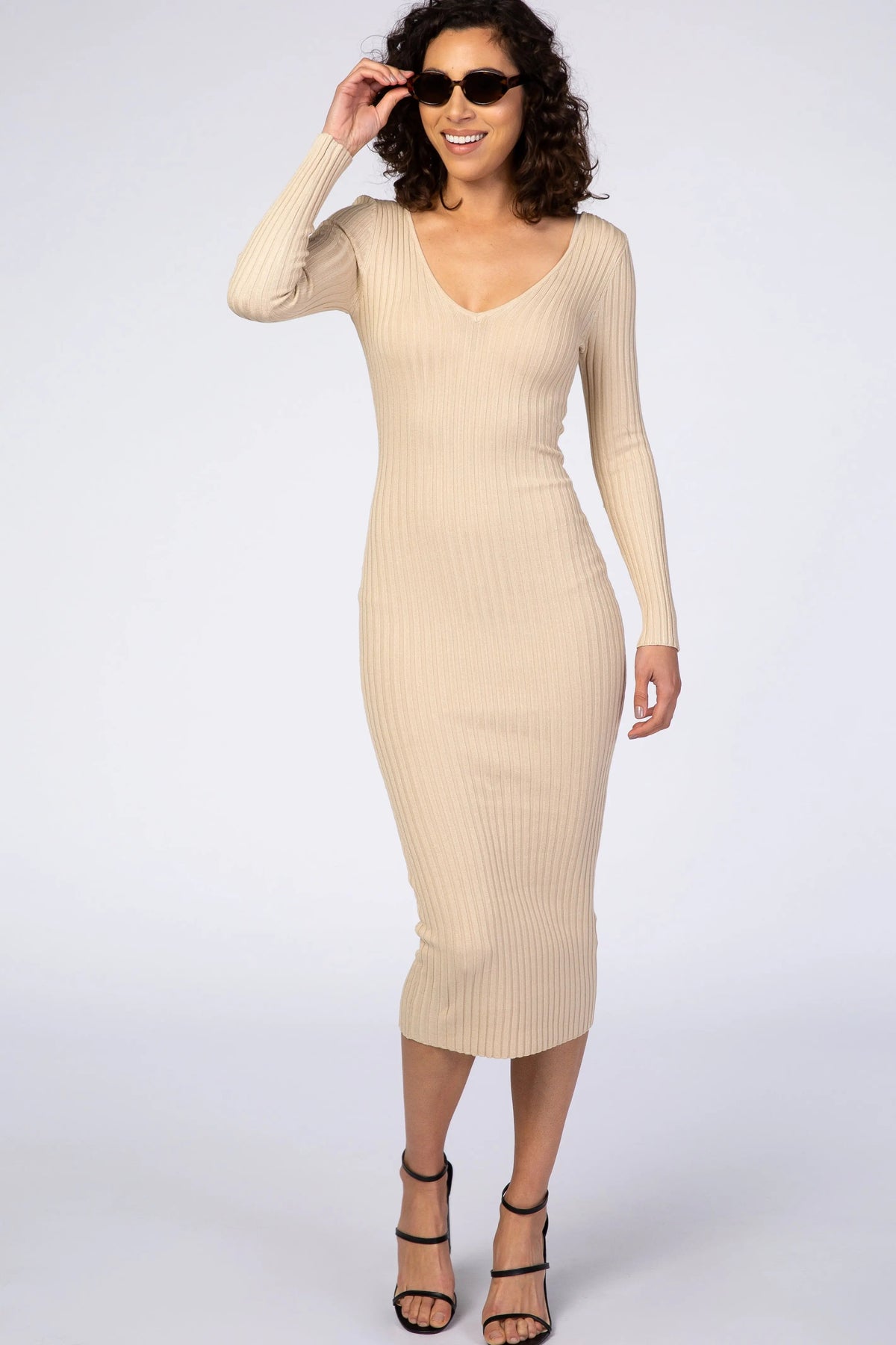 PinkBlush Taupe V - Neck Long Sleeve Fitted Maternity Maxi Dress - 