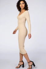 PinkBlush Taupe V - Neck Long Sleeve Fitted Maxi Dress - 