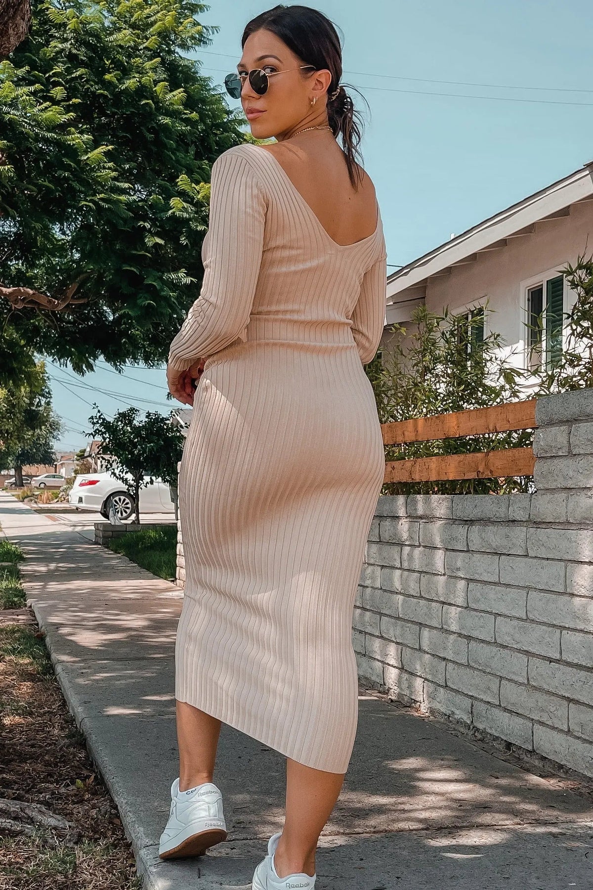 PinkBlush Taupe V - Neck Long Sleeve Fitted Maxi Dress - 