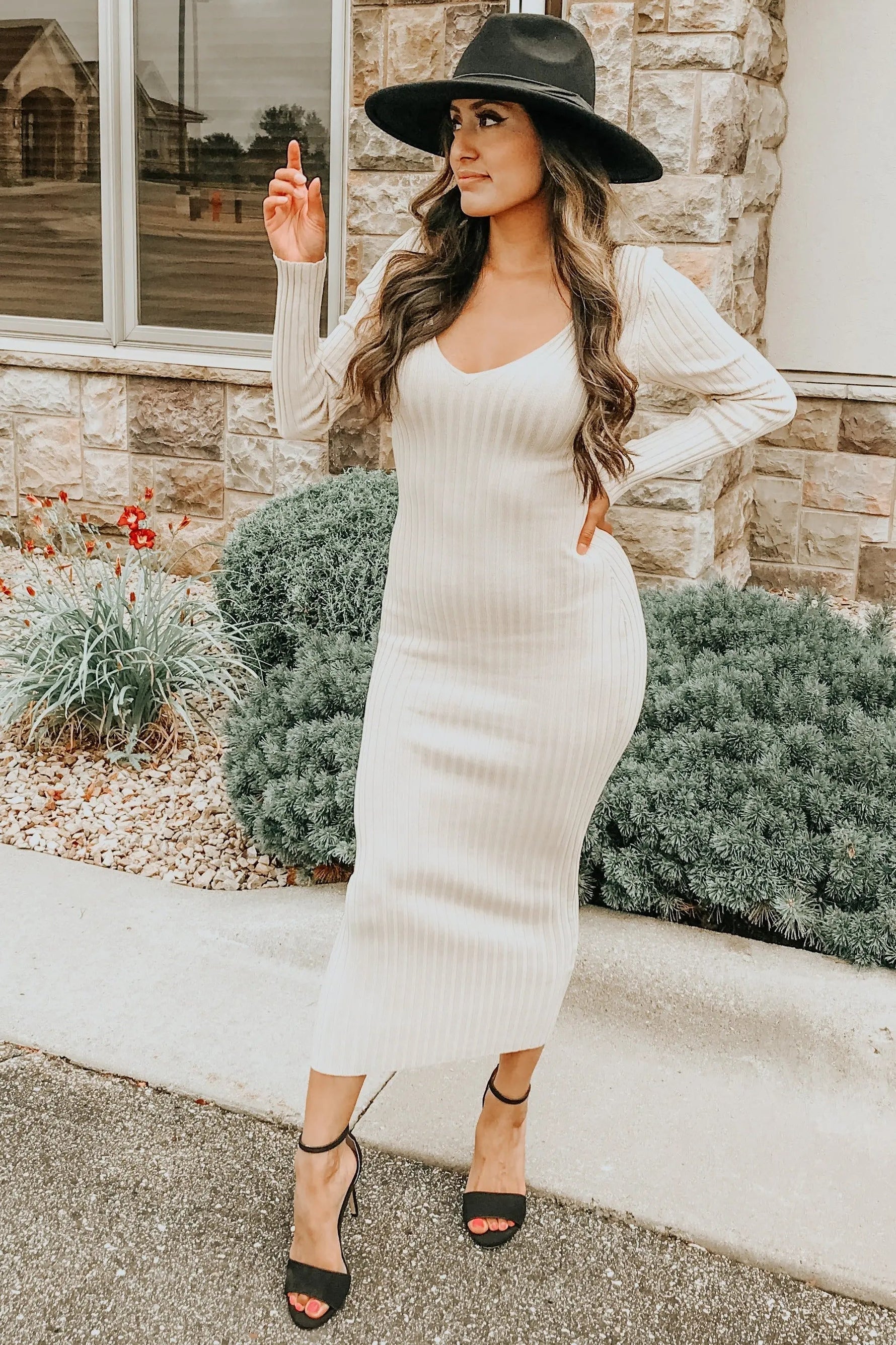 PinkBlush Taupe V - Neck Long Sleeve Fitted Maxi Dress - 