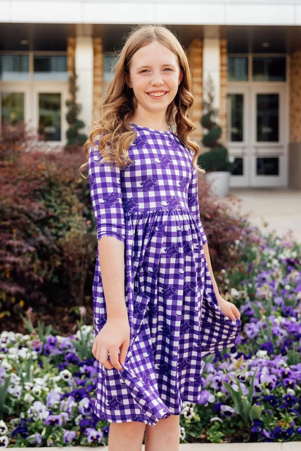 Mila & Rose ® TCU Plaid Frog 3/4 Sleeve Pocket Twirl Dress - 