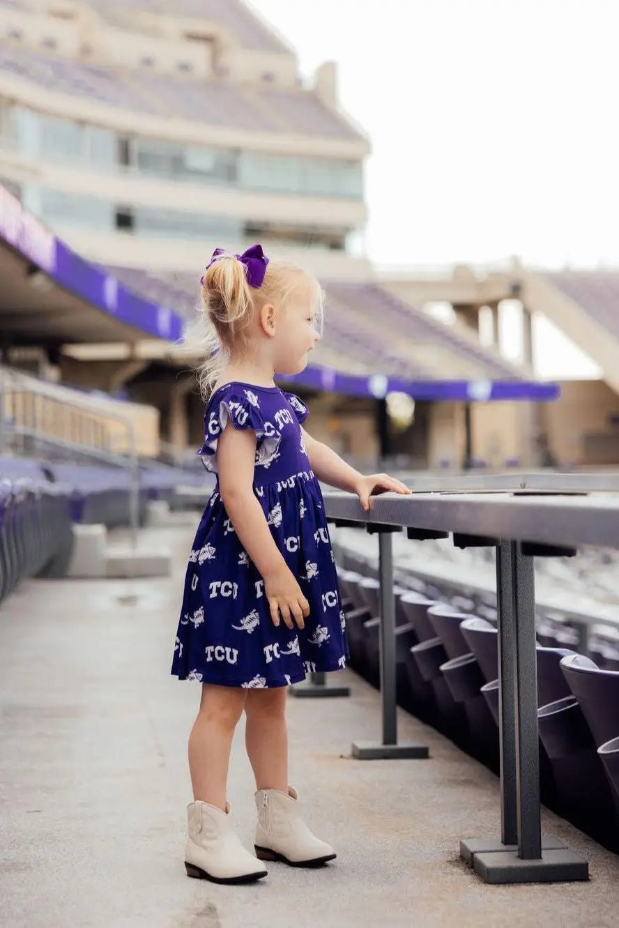 Mila & Rose ® TCU Purple Frog Flutter Twirl Dress For Girls Game Day Spirit Day - 