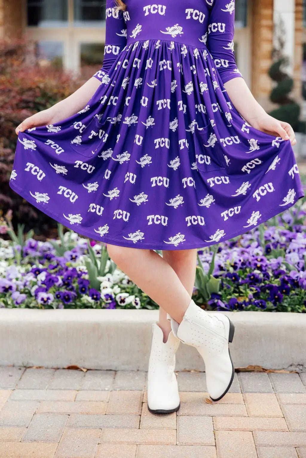 Mila & Rose ® TCU Purple Frog Three Fourth Sleeve Pocket Twirl Dress For Girls - 