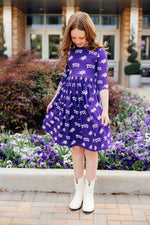 Mila & Rose ® TCU Purple Frog Three Fourth Sleeve Pocket Twirl Dress For Girls - 