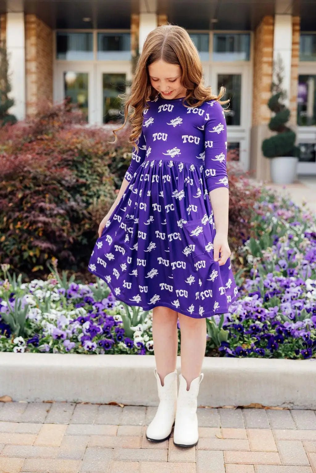 Mila & Rose ® TCU Purple Frog Three Fourth Sleeve Pocket Twirl Dress For Girls - 