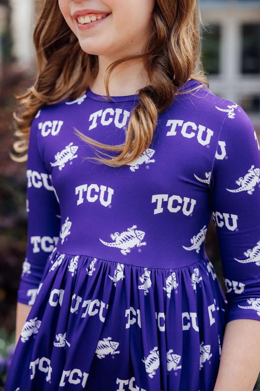 Mila & Rose ® TCU Purple Frog Three Fourth Sleeve Pocket Twirl Dress For Girls - 
