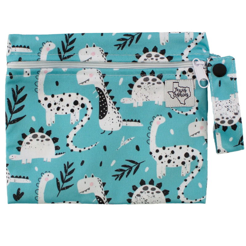 Teal dino-themed mini wet bag with snap handle, ideal for snacks and small items.