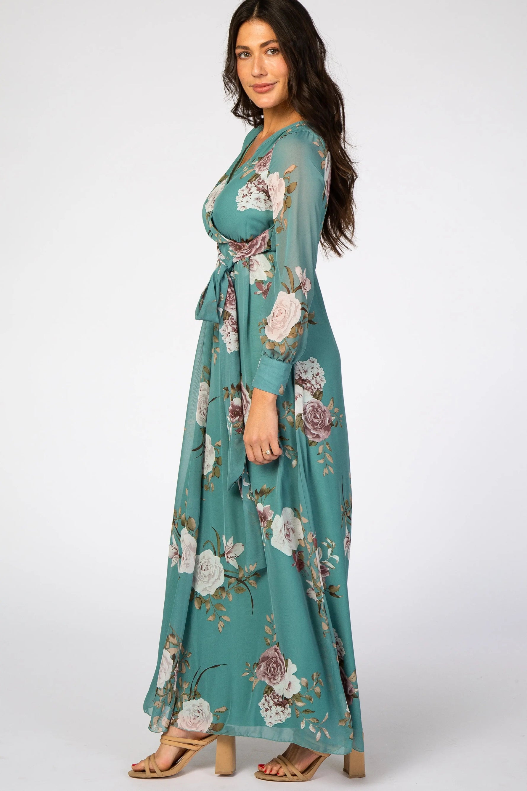 PinkBlush Teal Floral Chiffon Maternity Maxi Dress - 